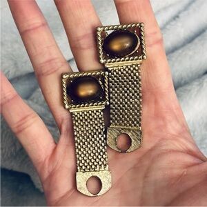 Vintage Swank Cufflinks Mens Gold Tone Mesh Brown Cat's Eye Cabochon Stone Retro